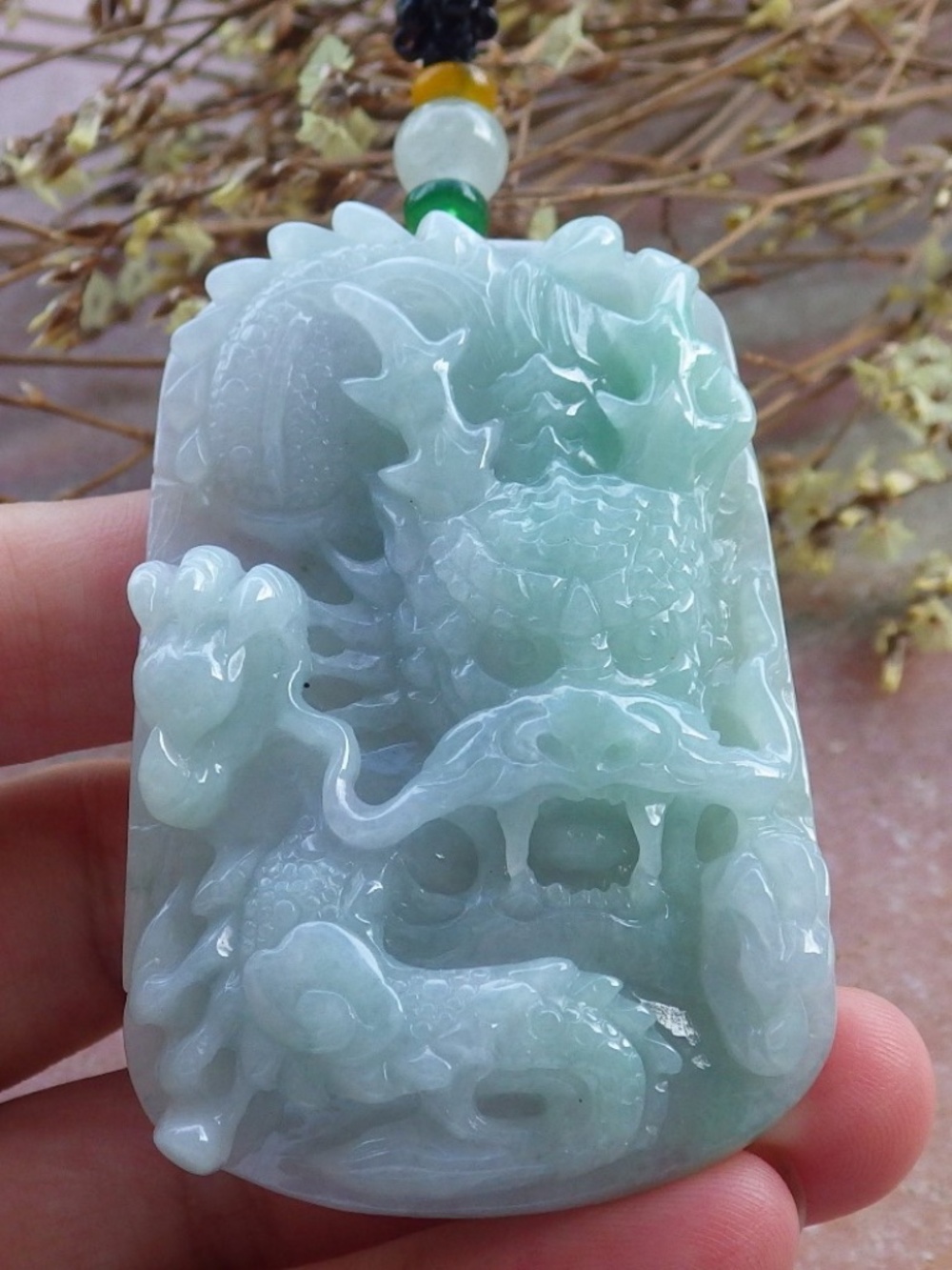Certified Natural Burma A Jade Jadeite Zodiac Dragon Bead Pendant Necklace